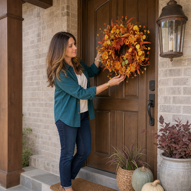 Artificial fall wreath with a measurement line showing a 22-inch diameter when fully extended