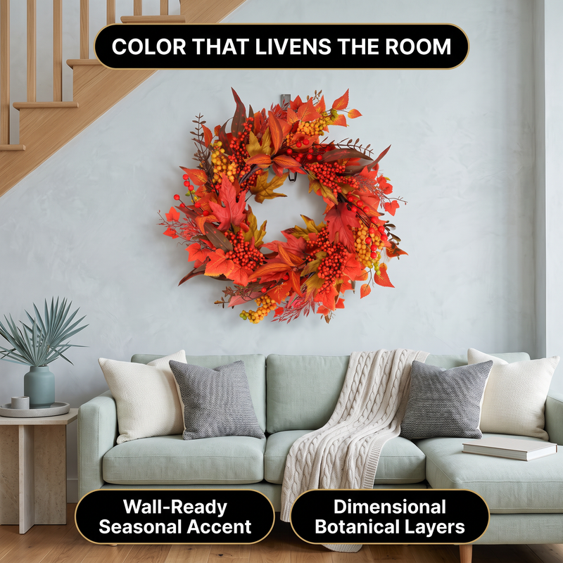 Artificial fall wreath displayed on a front door, porch and above a fireplace