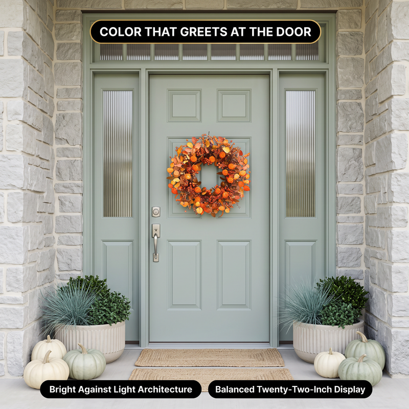 Artificial fall wreath displayed on a front door, porch and above a fireplace