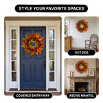 Artificial fall wreath displayed on a front door, porch and above a fireplace