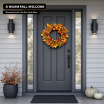 Close-up views of artificial fall wreath foliage, decorative accents and branch details