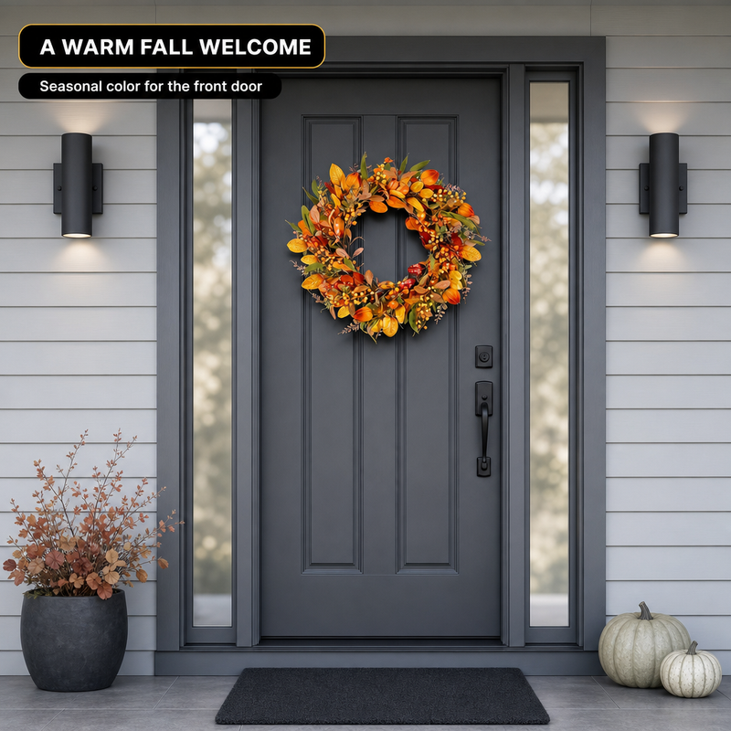 Close-up views of artificial fall wreath foliage, decorative accents and branch details
