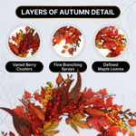 Close-up views of artificial fall wreath foliage, decorative accents and branch details