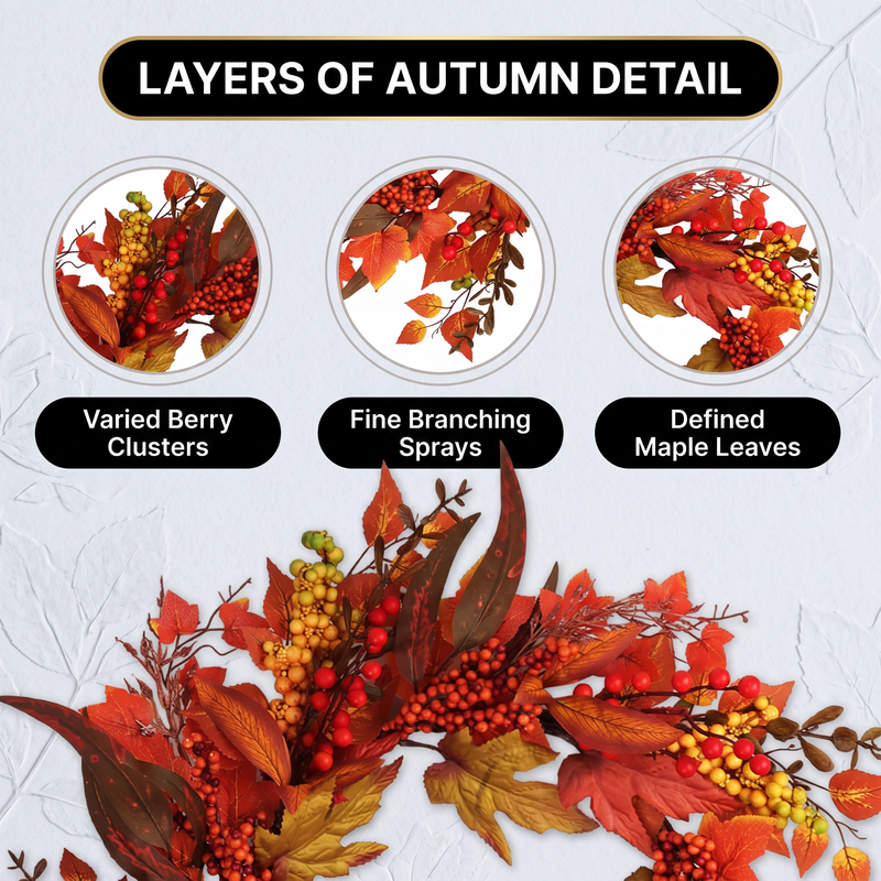 Close-up views of artificial fall wreath foliage, decorative accents and branch details
