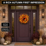 Close-up views of artificial fall wreath foliage, decorative accents and branch details