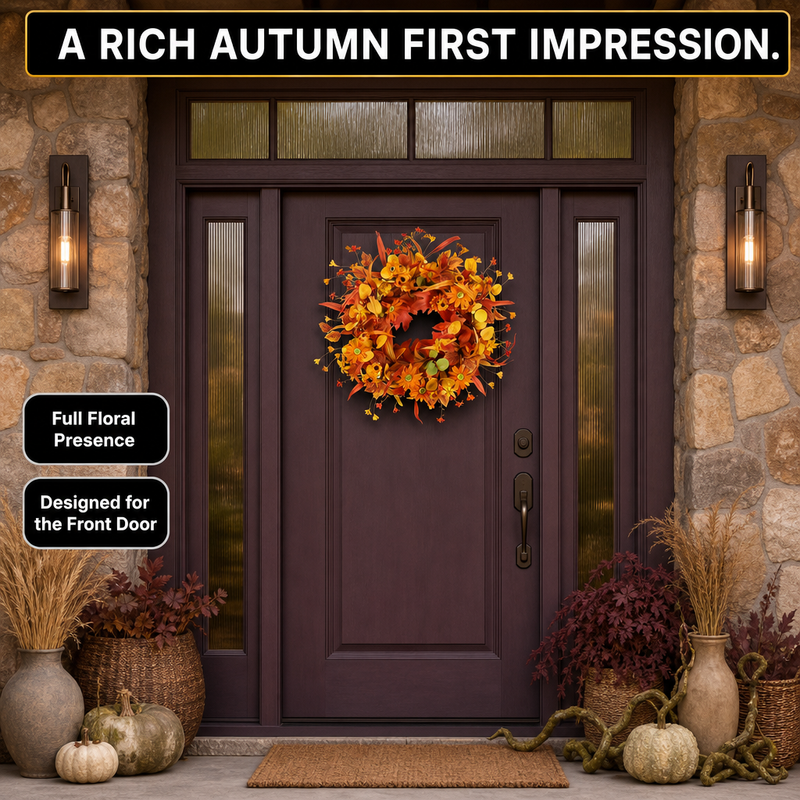 Close-up views of artificial fall wreath foliage, decorative accents and branch details