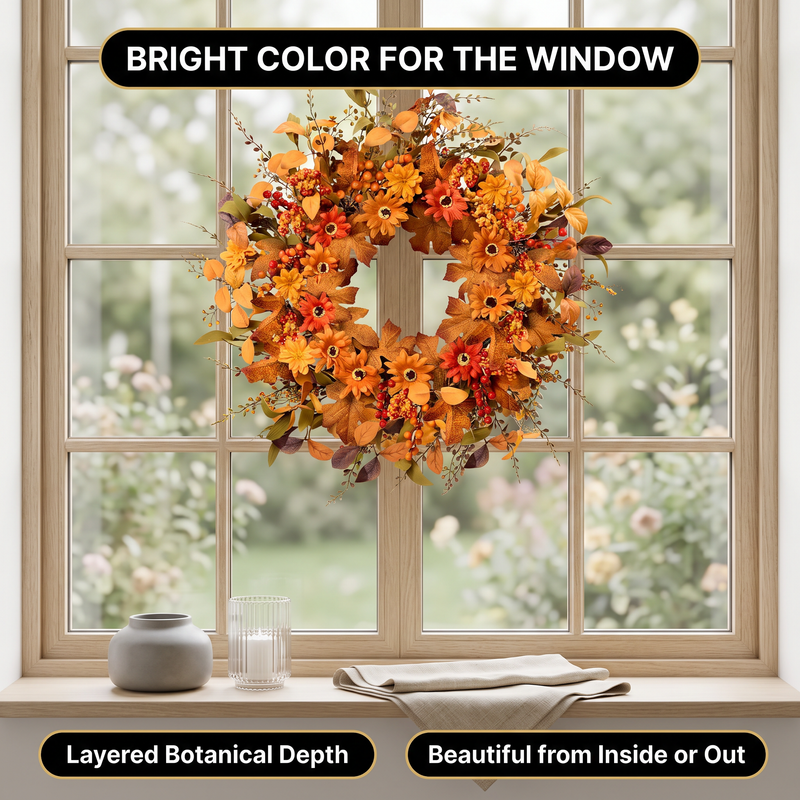 Close-up views of artificial fall wreath foliage, decorative accents and branch details