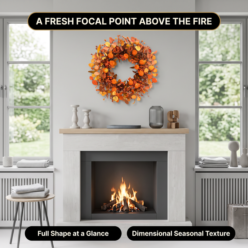 Close-up views of artificial fall wreath foliage, decorative accents and branch details