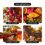 Close-up views of artificial fall wreath foliage, decorative accents and branch details