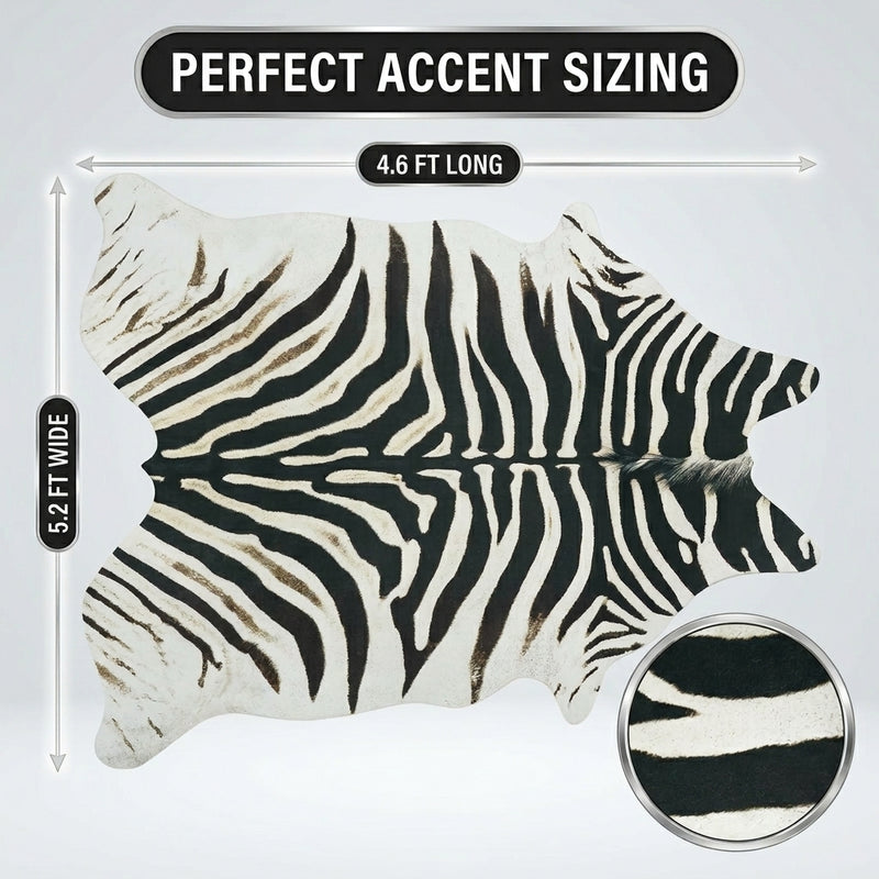 Faux cowhide rug flat-lay showing 8-foot by 10-foot dimensions