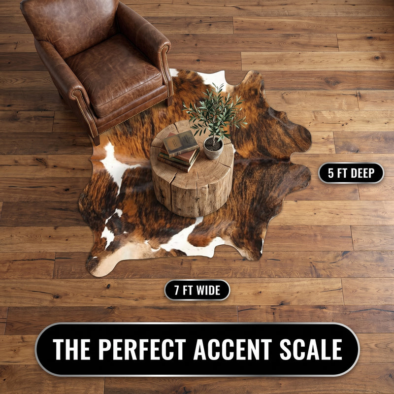 Faux cowhide rug flat-lay showing 8-foot by 10-foot dimensions