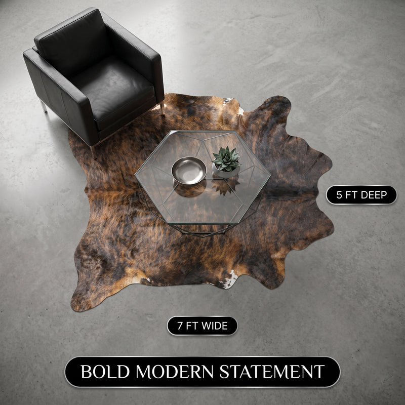 Faux cowhide rug flat-lay showing 8-foot by 10-foot dimensions