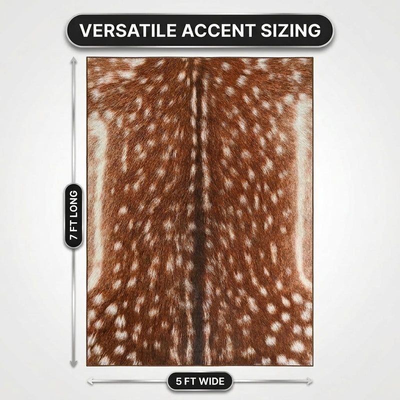 Faux cowhide rug flat-lay showing 8-foot by 10-foot dimensions