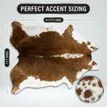 Faux cowhide rug flat-lay showing 8-foot by 10-foot dimensions