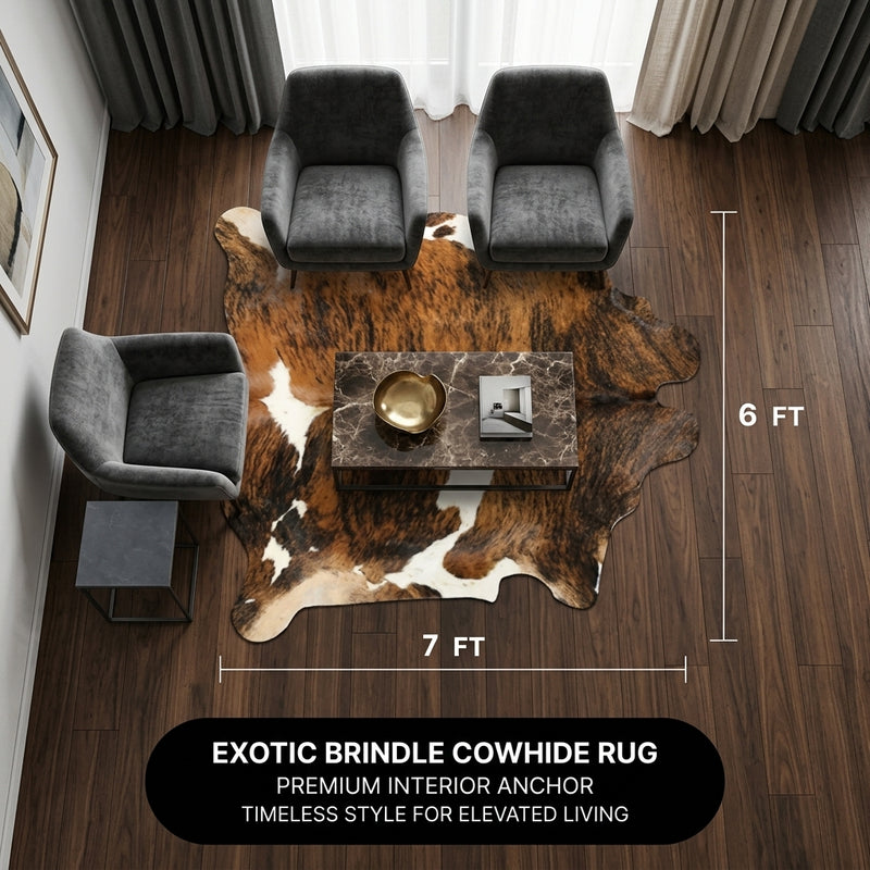 Faux cowhide rug flat-lay showing 8-foot by 10-foot dimensions