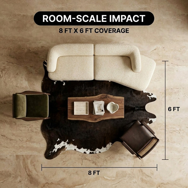 Faux cowhide rug flat-lay showing 8-foot by 10-foot dimensions