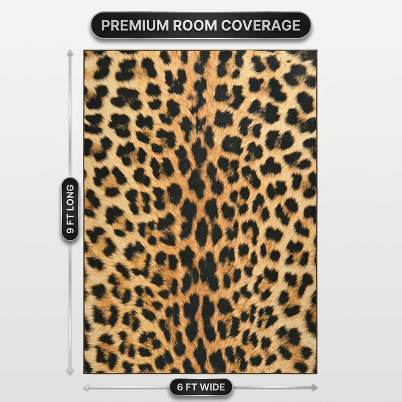 Faux cowhide rug flat-lay showing 8-foot by 10-foot dimensions
