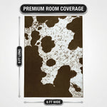 Faux cowhide rug flat-lay showing 8-foot by 10-foot dimensions