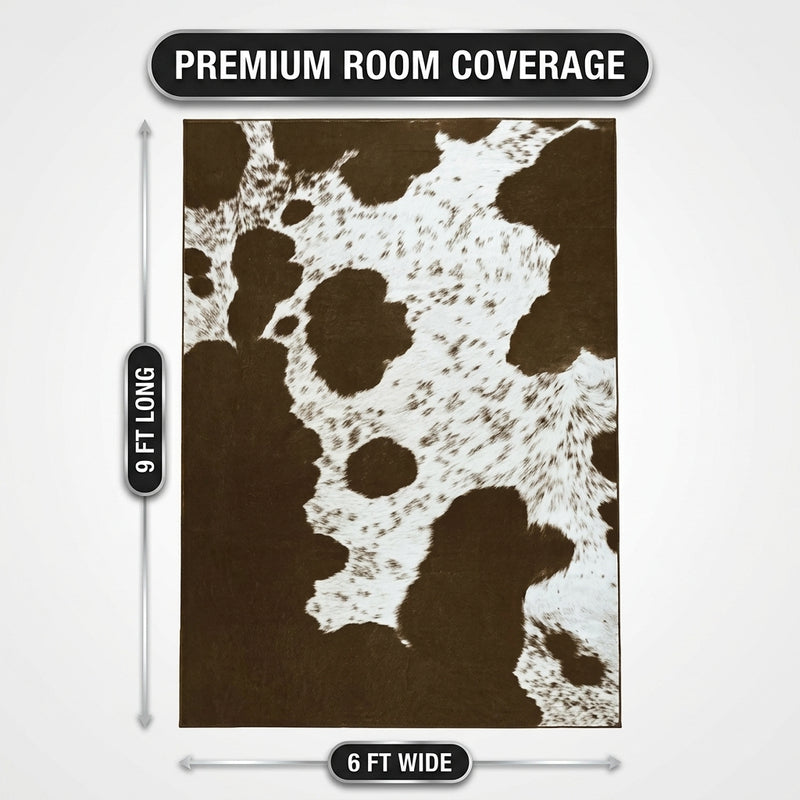 Faux cowhide rug flat-lay showing 8-foot by 10-foot dimensions
