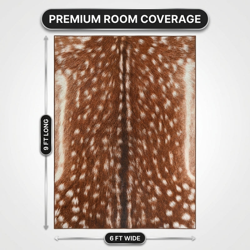 Faux cowhide rug flat-lay showing 8-foot by 10-foot dimensions