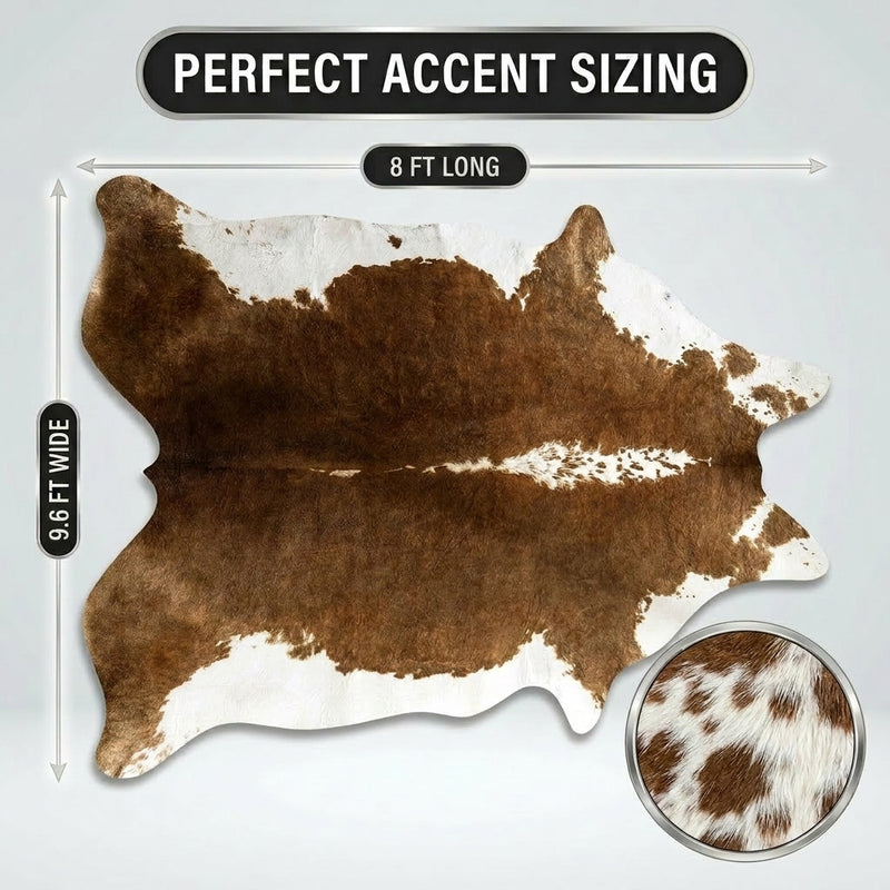 Faux cowhide rug flat-lay showing 8-foot by 10-foot dimensions