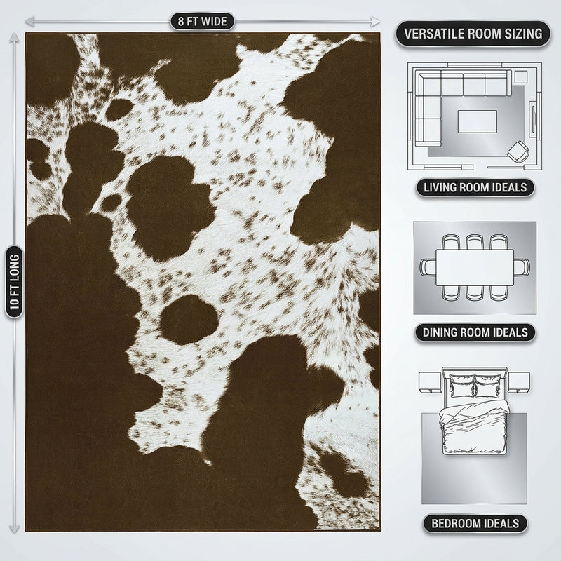 Faux cowhide rug flat-lay showing 8-foot by 10-foot dimensions