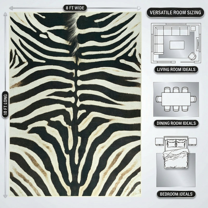 Faux cowhide rug flat-lay showing 8-foot by 10-foot dimensions