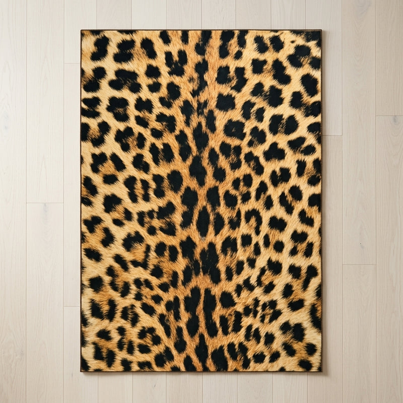 Faux cowhide rug in cow print styled under a leather sofa in a modern living room