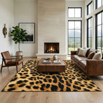Faux cowhide rug in cow print styled under a leather sofa in a modern living room