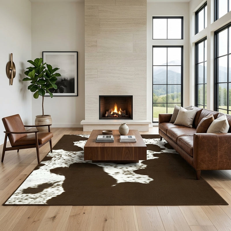 Faux cowhide rug in cow print styled under a leather sofa in a modern living room