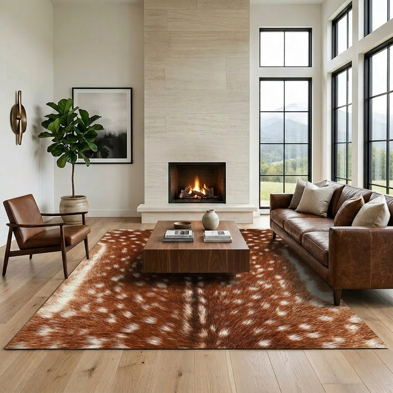 Faux cowhide rug in cow print styled under a leather sofa in a modern living room
