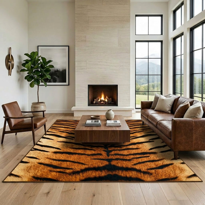 Faux cowhide rug in cow print styled under a leather sofa in a modern living room