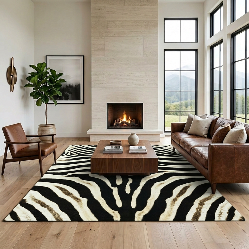 Faux cowhide rug in cow print styled under a leather sofa in a modern living room