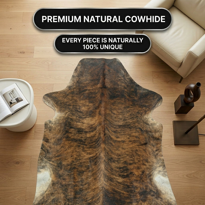 Child and puppy sitting on the faux cowhide rug, showing a kid- and pet-friendly design
