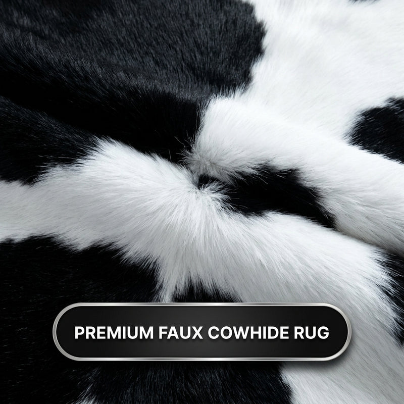 Child and puppy sitting on the faux cowhide rug, showing a kid- and pet-friendly design