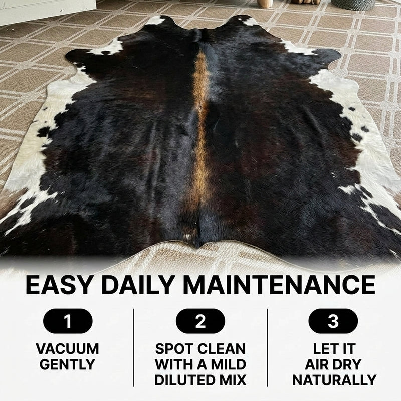 Infographic showing faux cowhide rug sizing ideas for living room, dining room, and bedroom