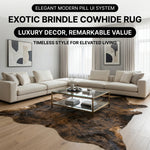 Infographic showing faux cowhide rug sizing ideas for living room, dining room, and bedroom