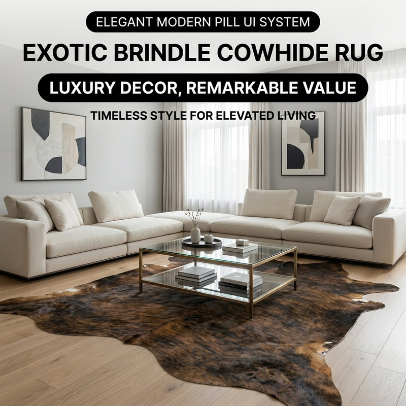 Infographic showing faux cowhide rug sizing ideas for living room, dining room, and bedroom