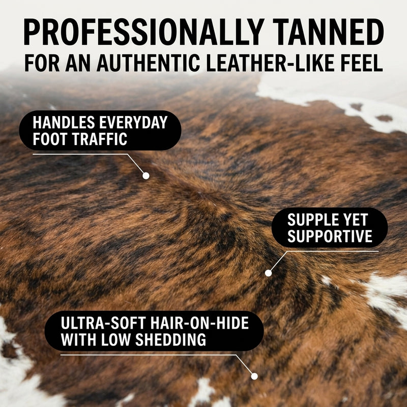 Infographic showing faux cowhide rug sizing ideas for living room, dining room, and bedroom