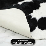 Infographic showing faux cowhide rug sizing ideas for living room, dining room, and bedroom