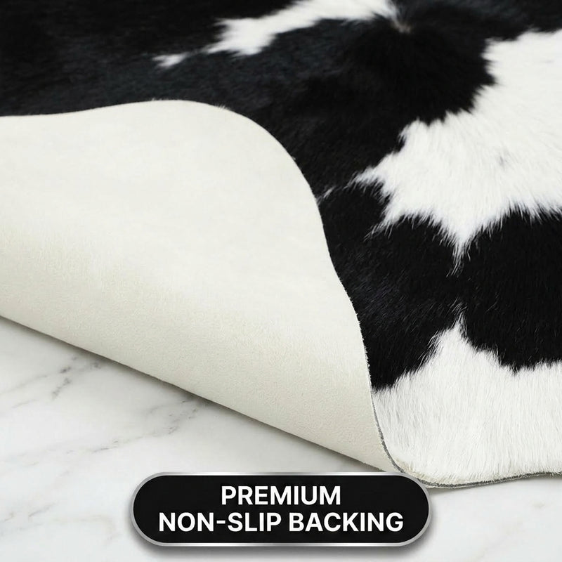 Infographic showing faux cowhide rug sizing ideas for living room, dining room, and bedroom