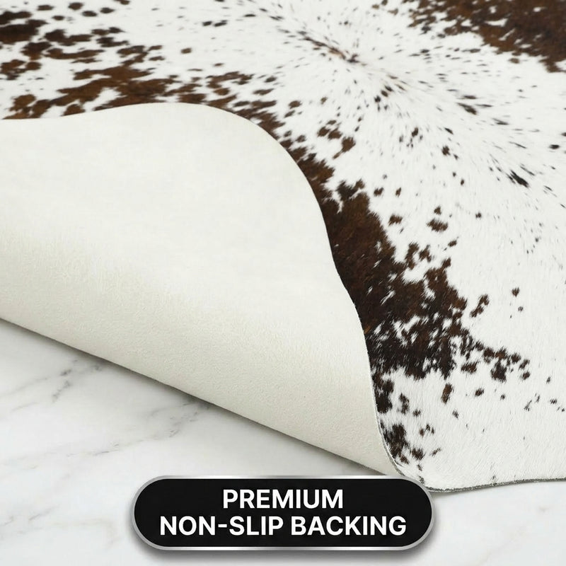 Infographic showing faux cowhide rug sizing ideas for living room, dining room, and bedroom