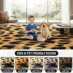 Infographic showing faux cowhide rug sizing ideas for living room, dining room, and bedroom
