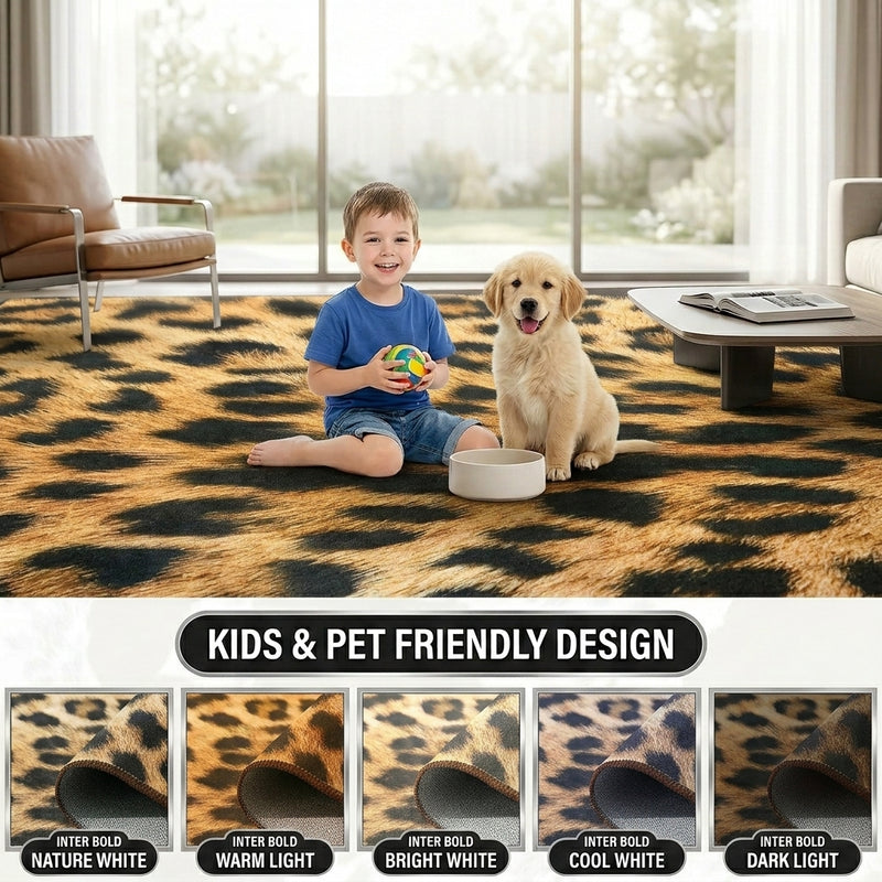 Infographic showing faux cowhide rug sizing ideas for living room, dining room, and bedroom