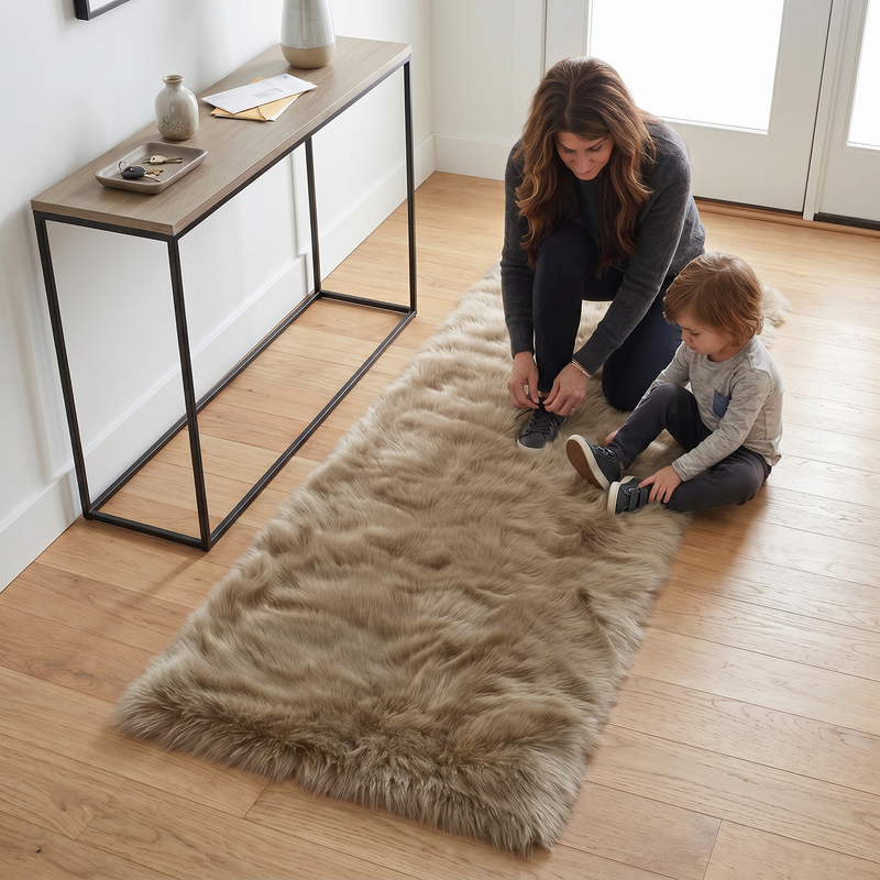 Grey faux fur runner rug styled in an entryway beside a console table on hardwood flooring
