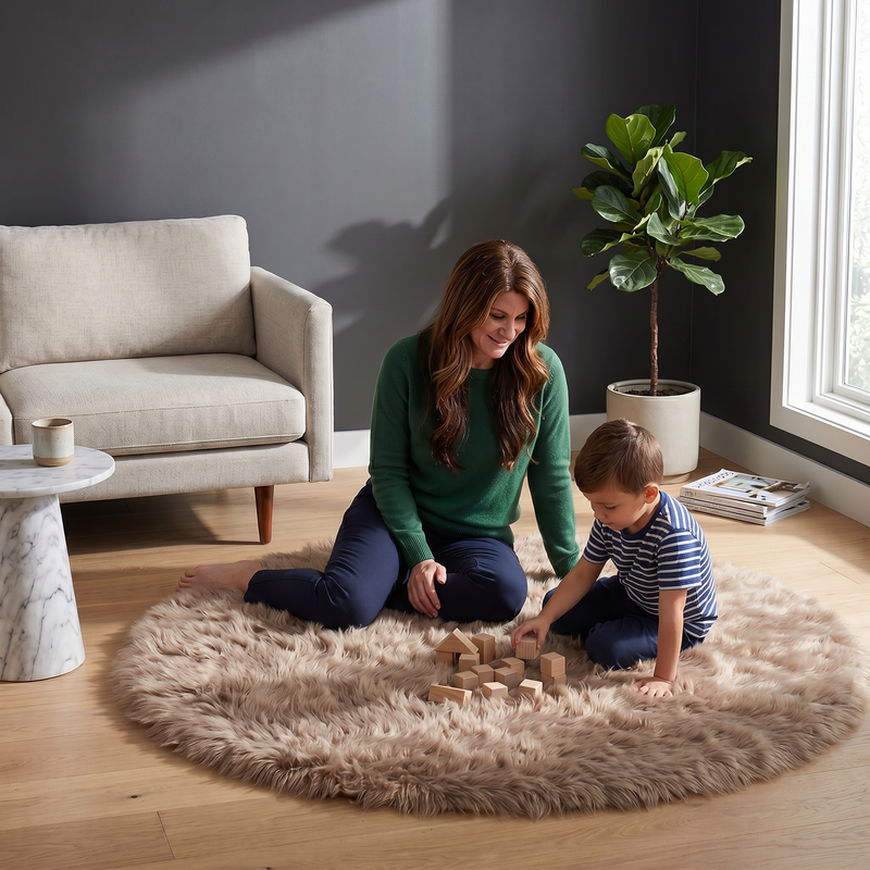 Grey faux fur runner rug styled in an entryway beside a console table on hardwood flooring