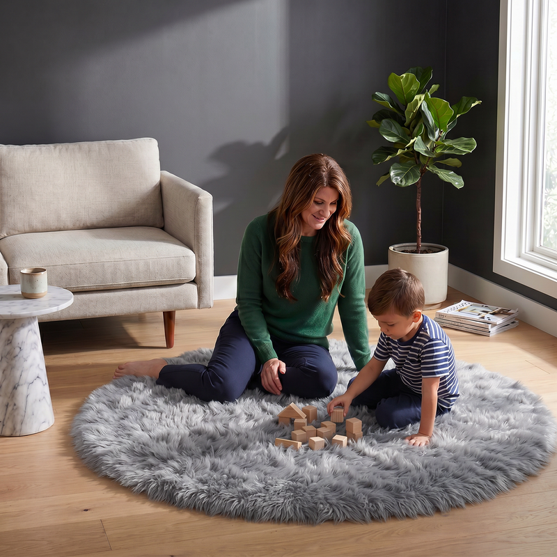 Grey faux fur runner rug styled in an entryway beside a console table on hardwood flooring