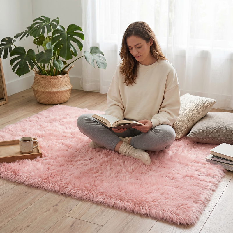 Grey faux fur runner rug styled in an entryway beside a console table on hardwood flooring