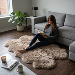 Grey faux fur runner rug styled in an entryway beside a console table on hardwood flooring