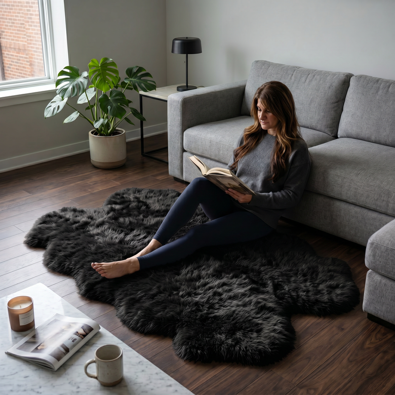 Grey faux fur runner rug styled in an entryway beside a console table on hardwood flooring
